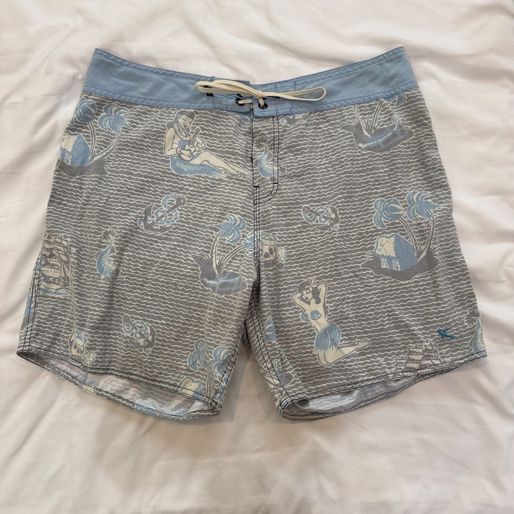 Lost Enterprises Mens Size 36 Blue Grey Hula Girl Nautical Print Board Shorts